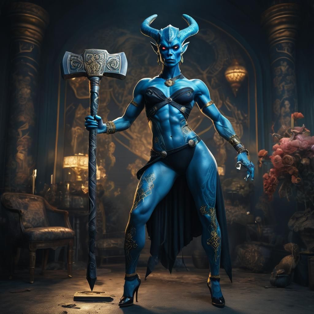 Blue Alien Girl with Thor's Hammer