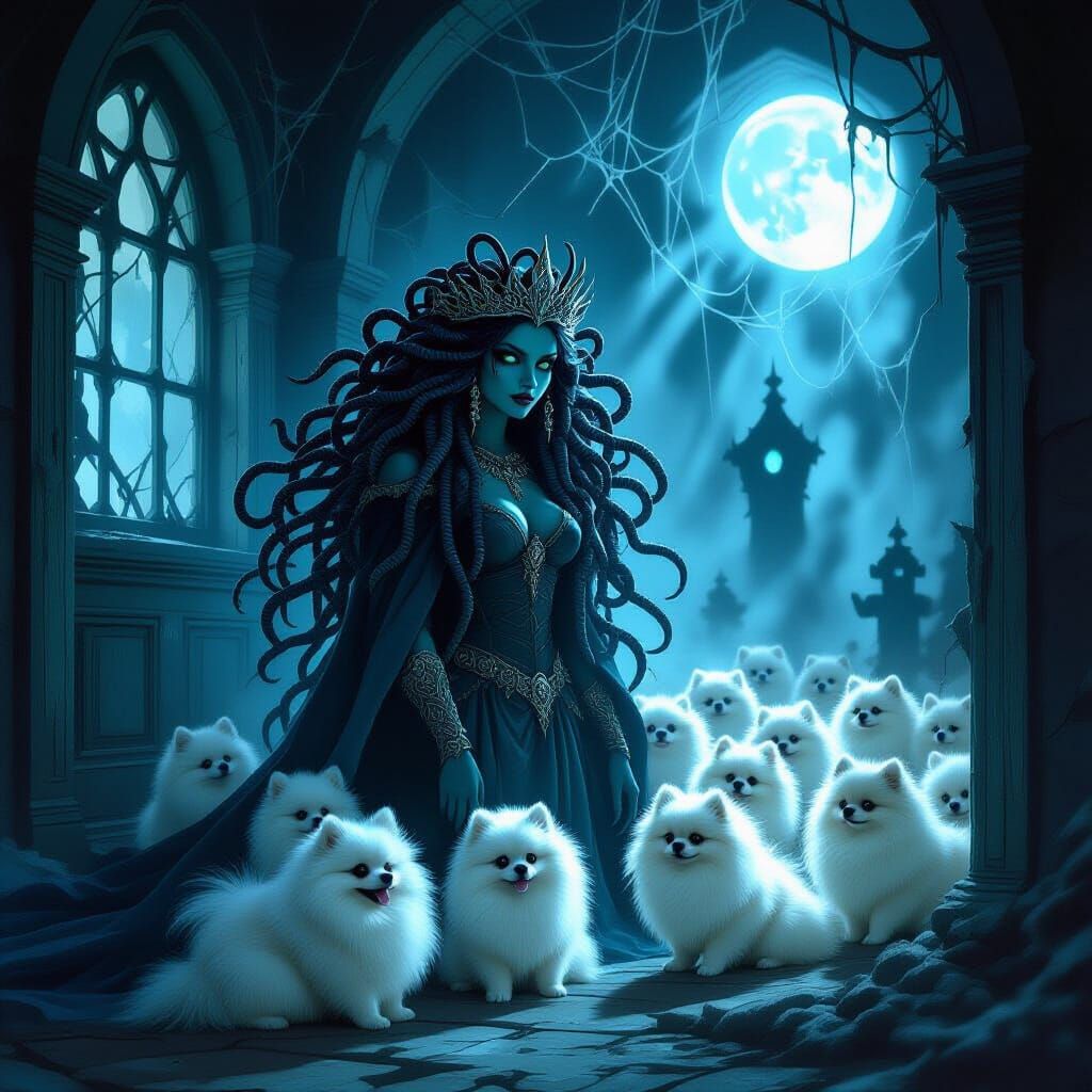 Medusa and Pomeranians in Haunted House Dark Fantasy Art