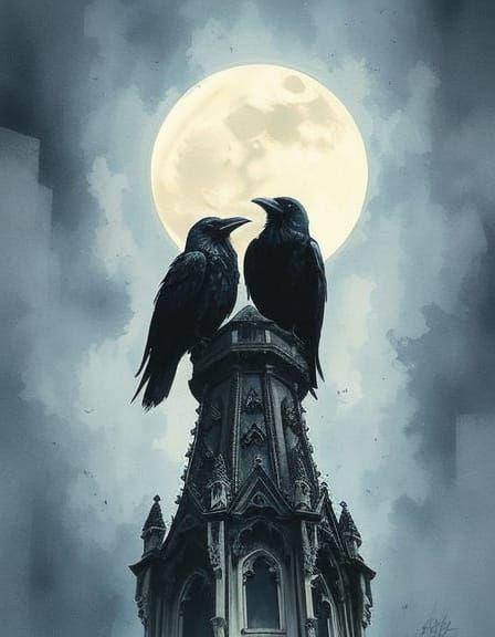 Ravens on Stormy Cathedral: Stylized Watercolor