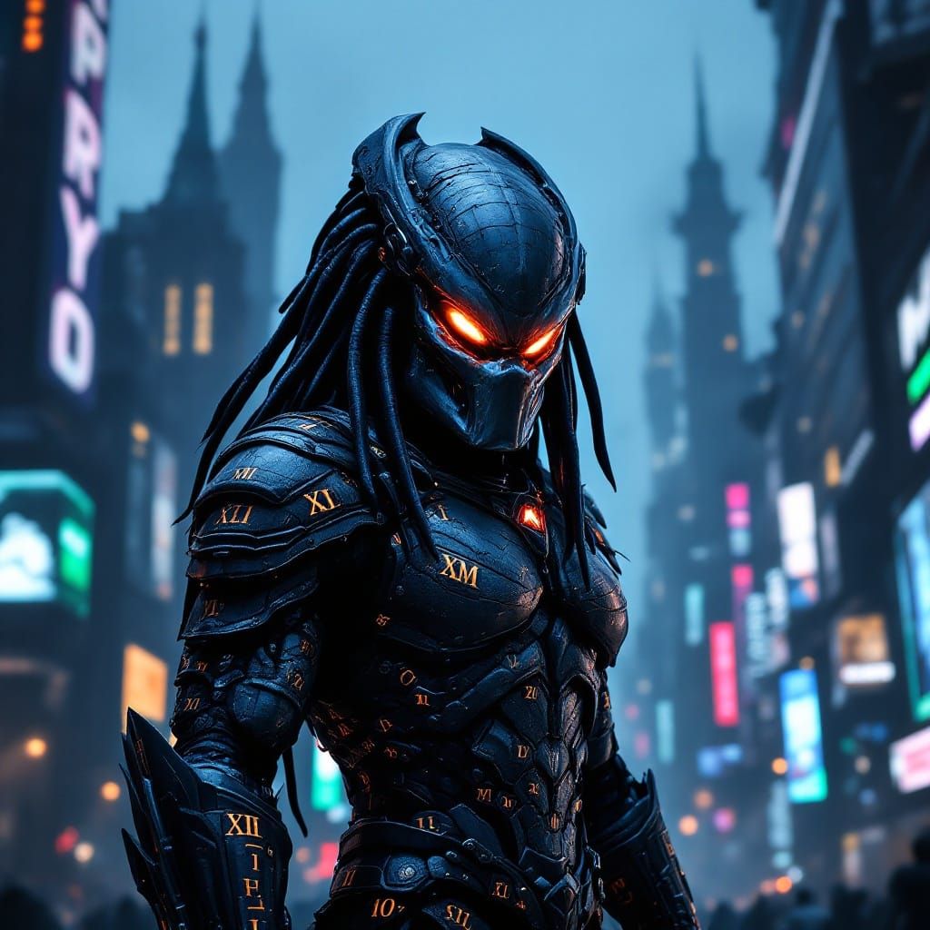 Heroic Predator in Futuristic Romanesque Cityscape