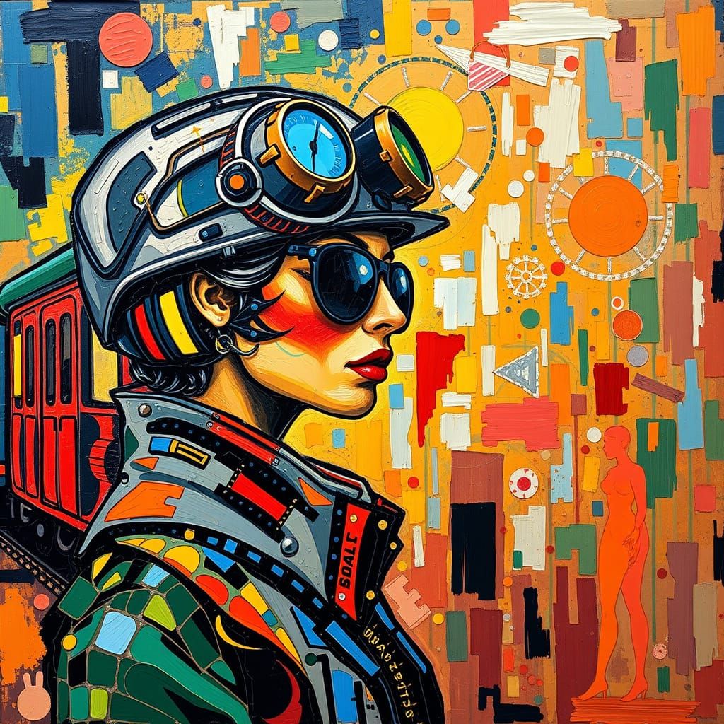 Vibrant Steampunk Woman Rides Train in Bold Fauvist Brushstr...