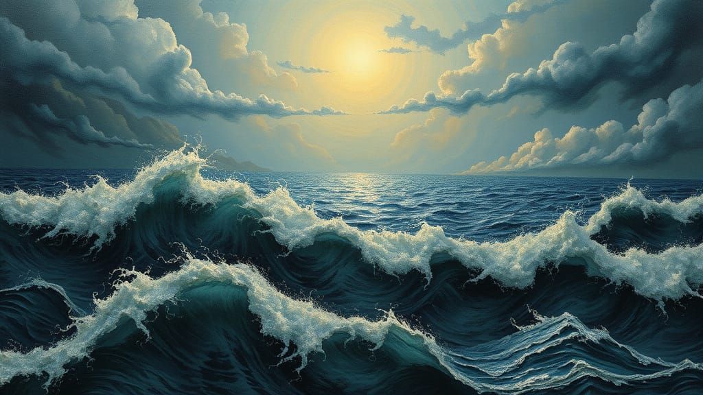Surreal Oceanic Landscape in Golden Oil Painting
