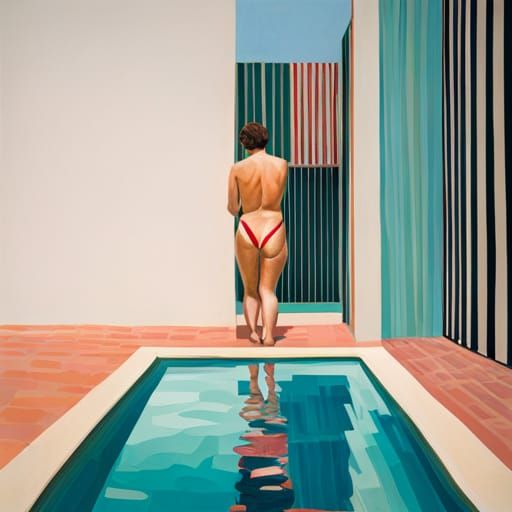Woman Climbing Out of Pool in Hockney Style