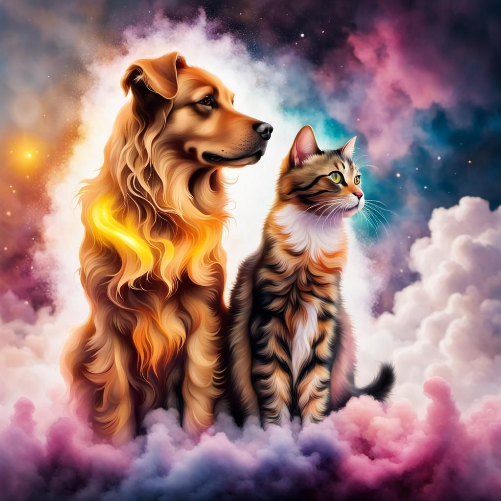Ink Dust Cat and Dog Fantasy Illustration