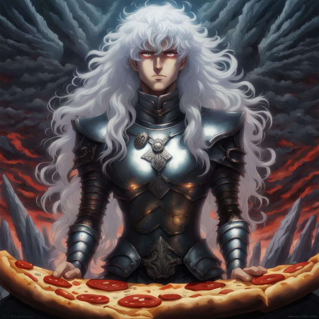 Hyperrealistic Griffith with Pizza in Anime Style