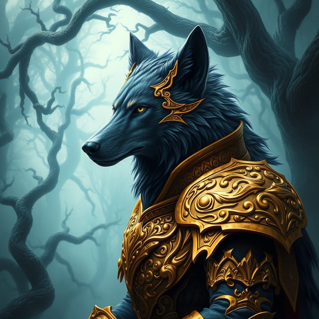 Majestic Wolf in Golden Armor Conquers Mystic Forest