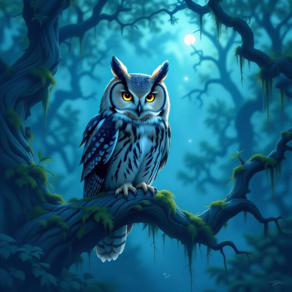 Ancient Owl in Cosmic Twilight Forest Illustration