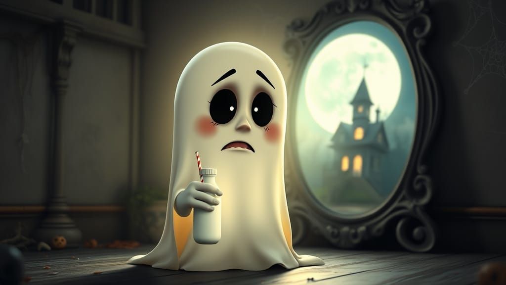 Sad Ghost Holding Milk in Eerie Room