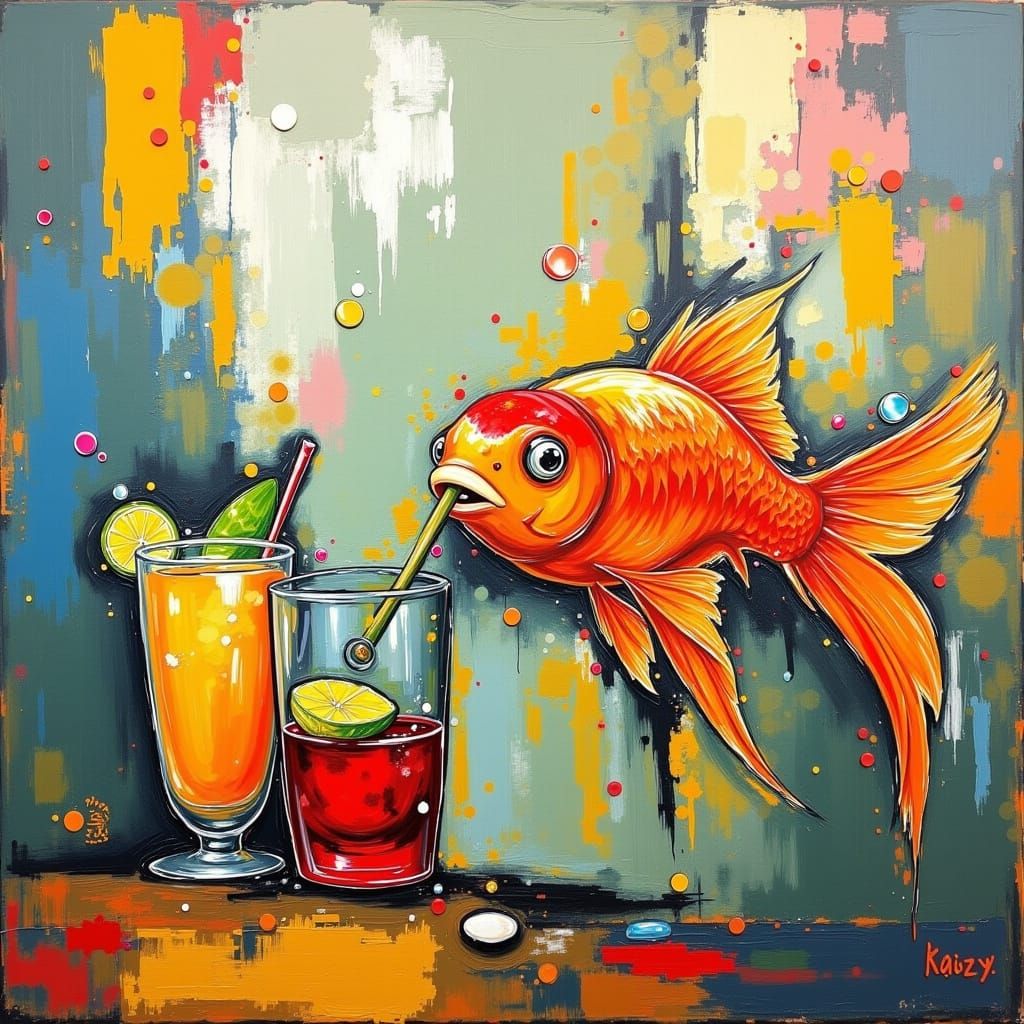 Abstract Goldfish with Cocktail Painting on Canvas