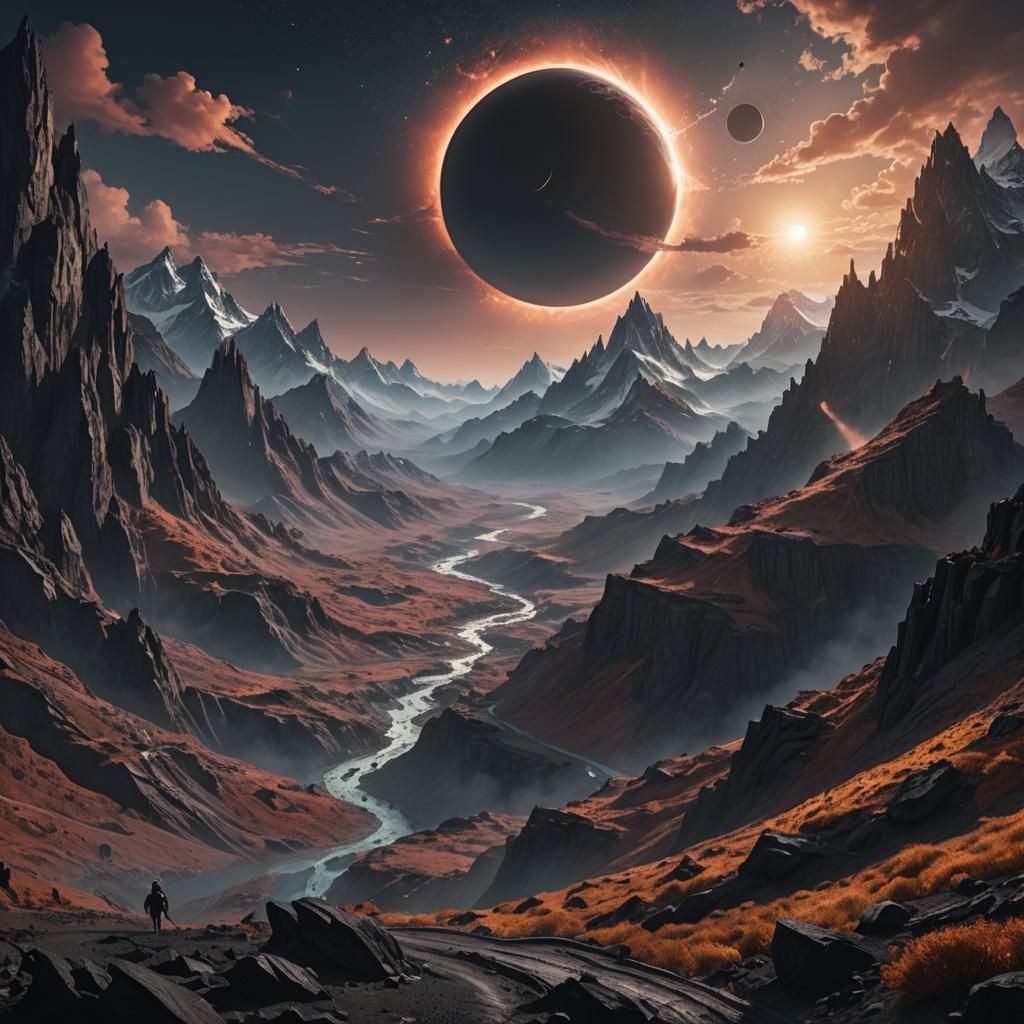 Mystical Black Sun Illuminates Parallel Universe Mountain Pa...