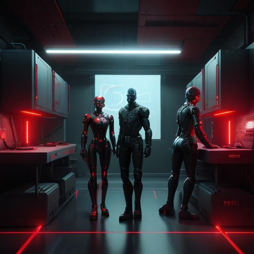 Dystopian Sci-Fi Lab with Humanoid Figures