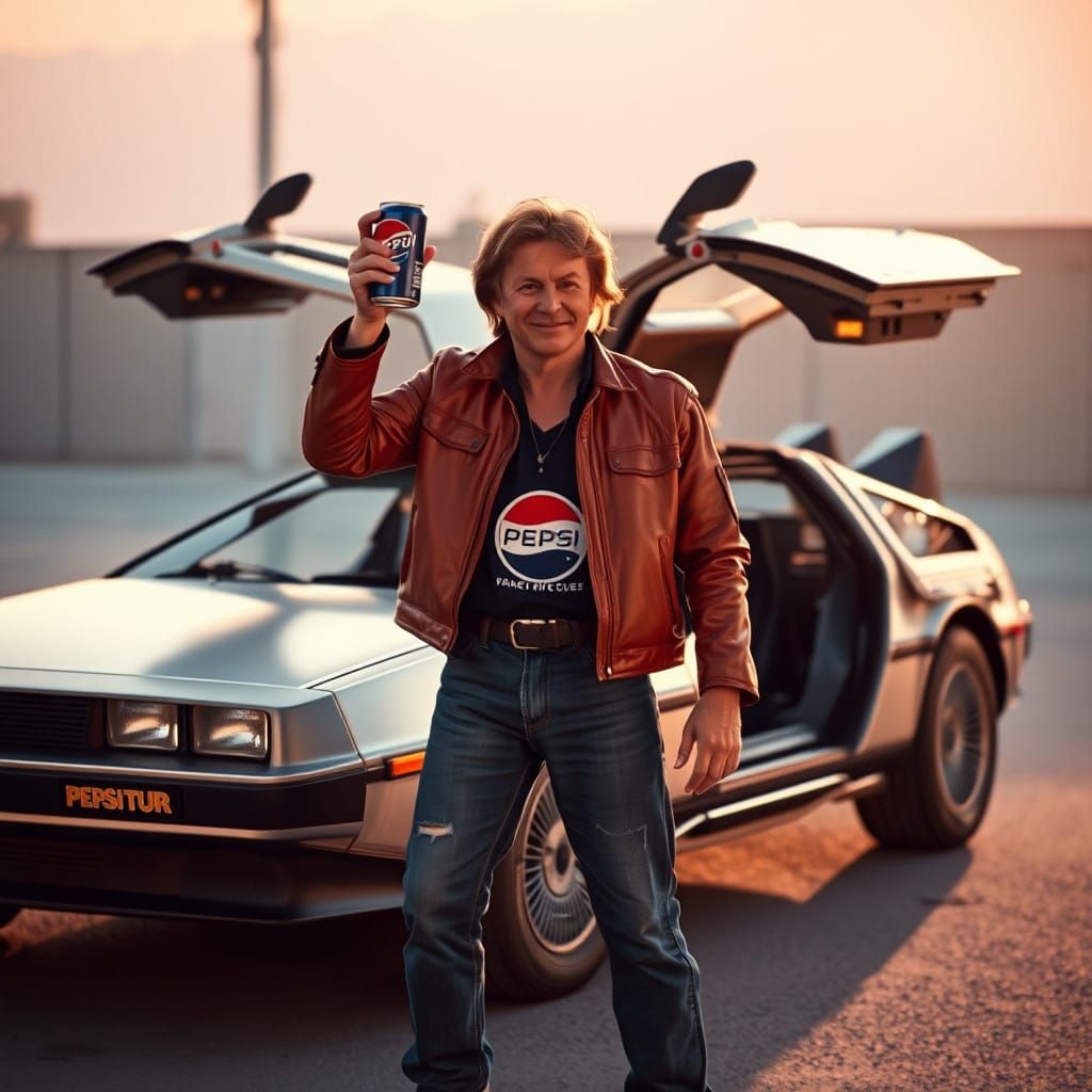Michael J Fox as Marty McFly with DeLorean and Pepsi
