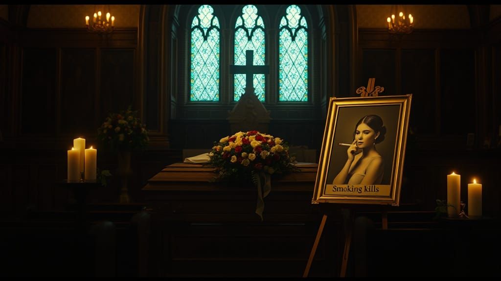 Solemn Funeral in a Dimly Lit Chapel with Floral Tribute and...