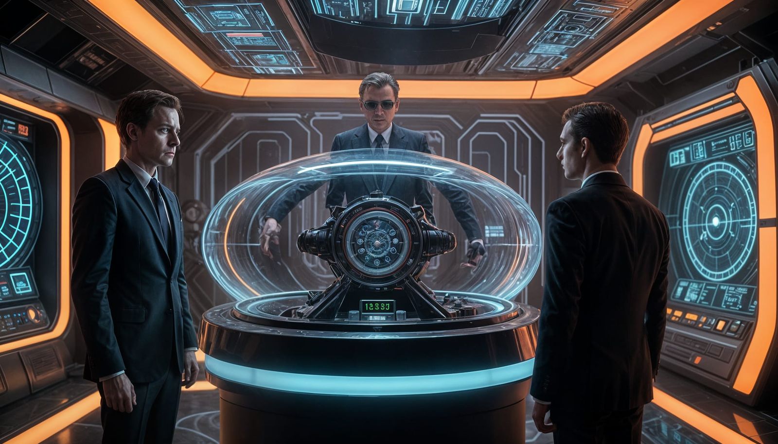 MIB Agents Guarding Retro-Futuristic Time Machine Console