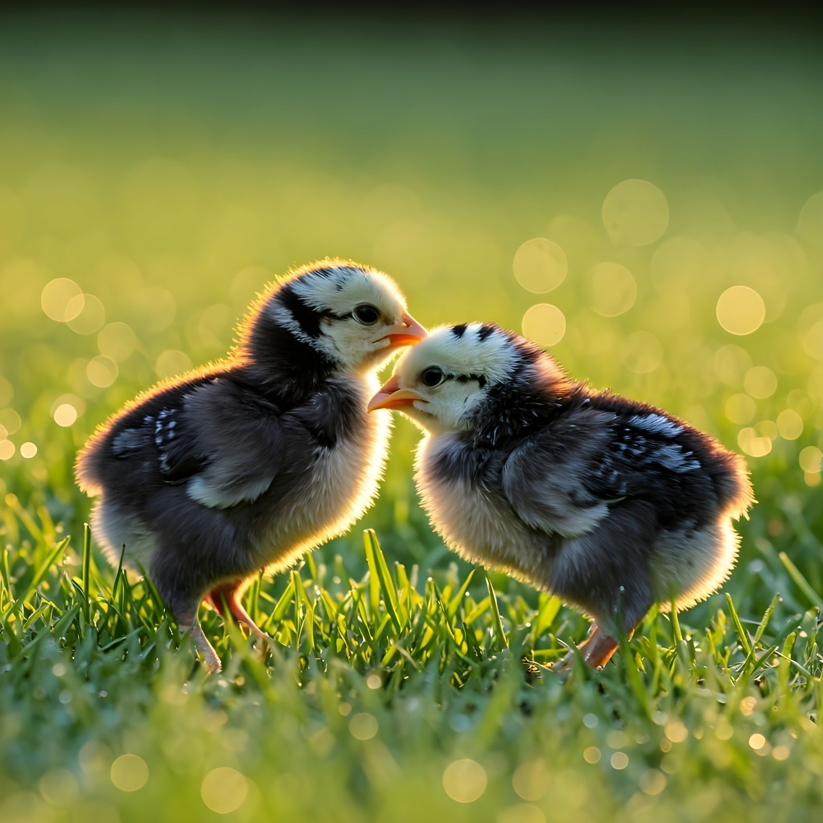 Close-up of Black and White Chicks in Green Grass