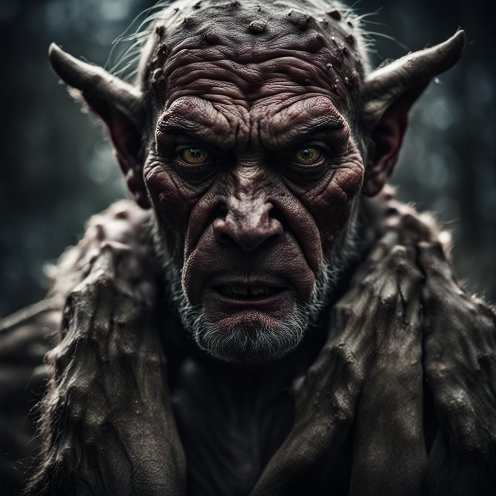 Scary Monster Portrait with Warts and Wolf Paws