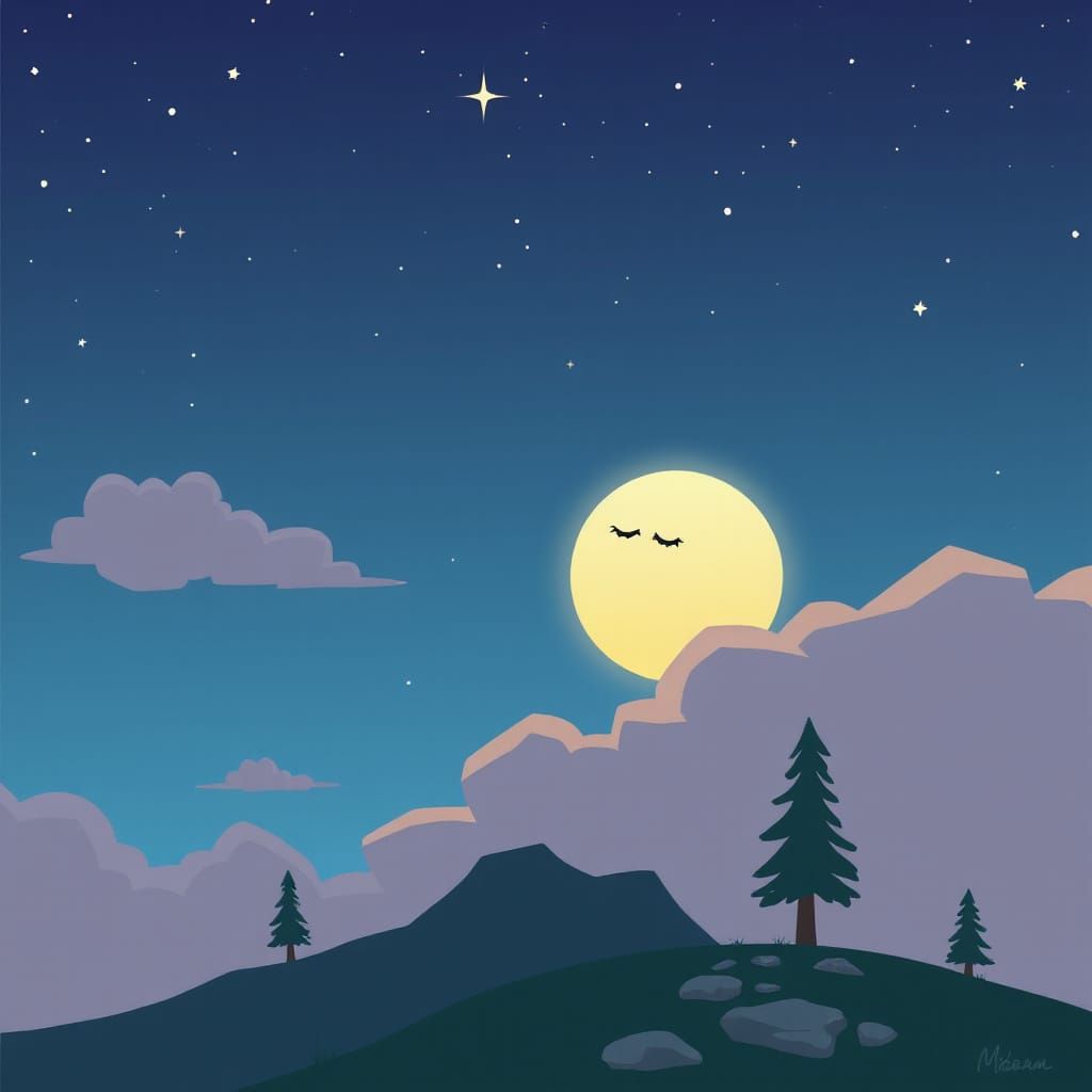 Retro Cartoon Moon Sleeping in Starry Sky