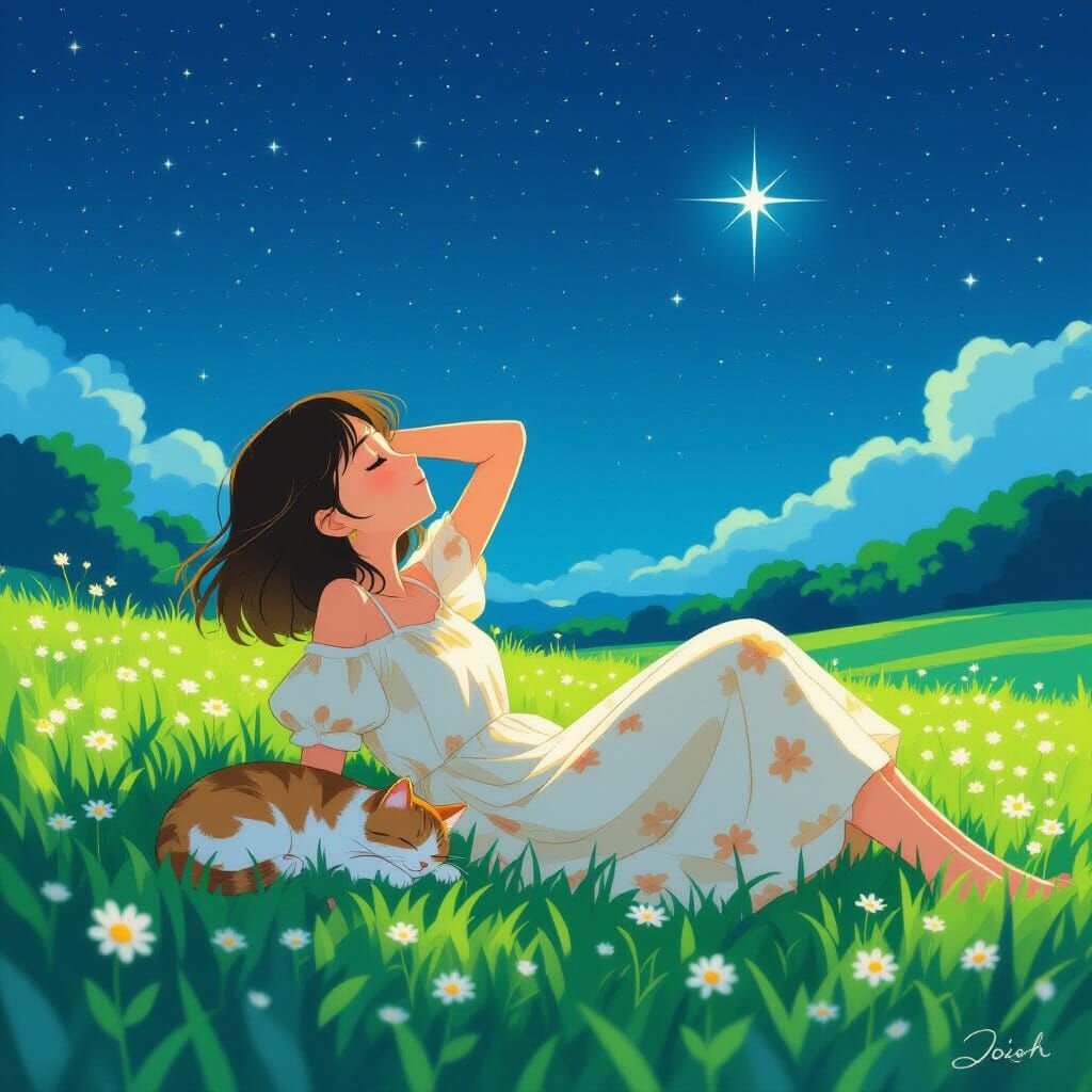 Girl and Cat Gazing at Stars, Whimsical Art