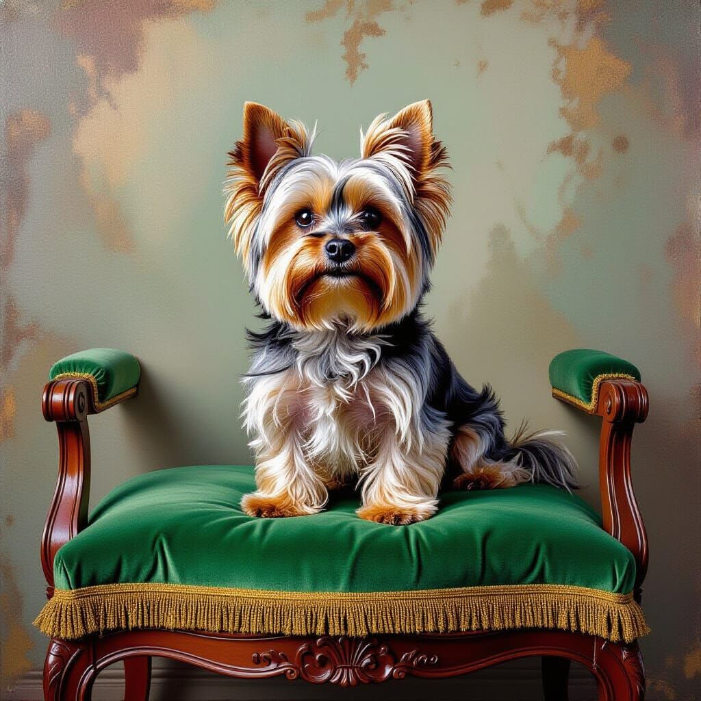 Yorkie on Velvet Pillow in Detailed Matte Painting Style