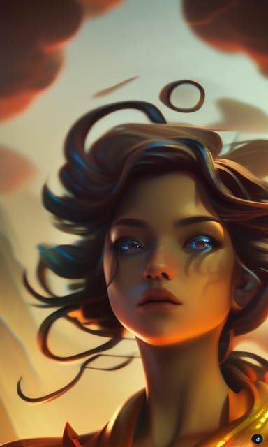 Monochrome Portrait of Girl with Curly Hair in Digital Paint...