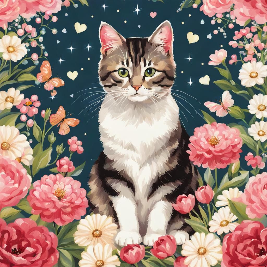 Vintage Whimsy Cat in Floral Haven