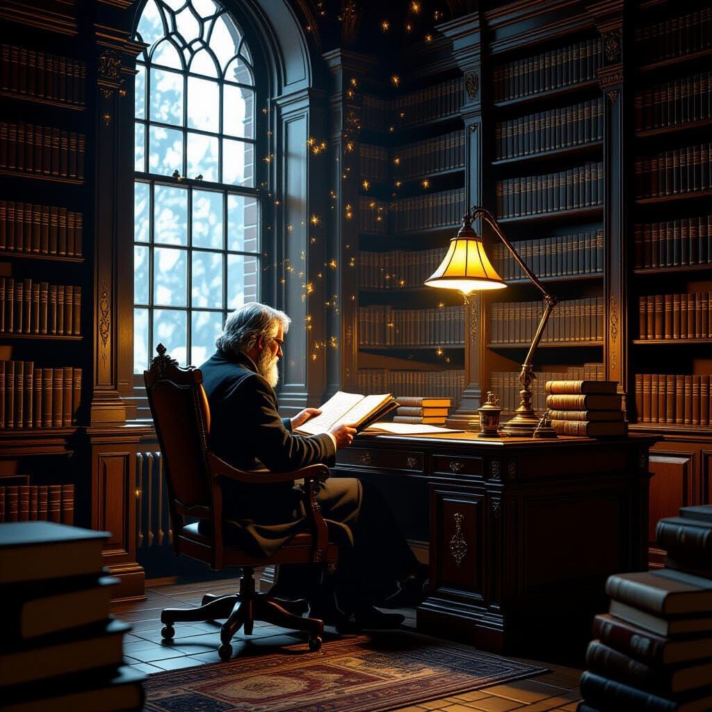 Cozy Library with Scholar, Science Fiction Art Style