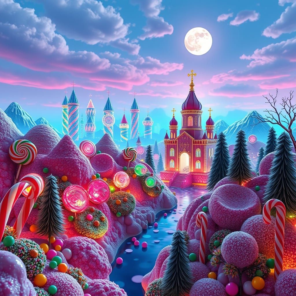 Whimsical Candy City Skyline with Chocolate River and Cotton...