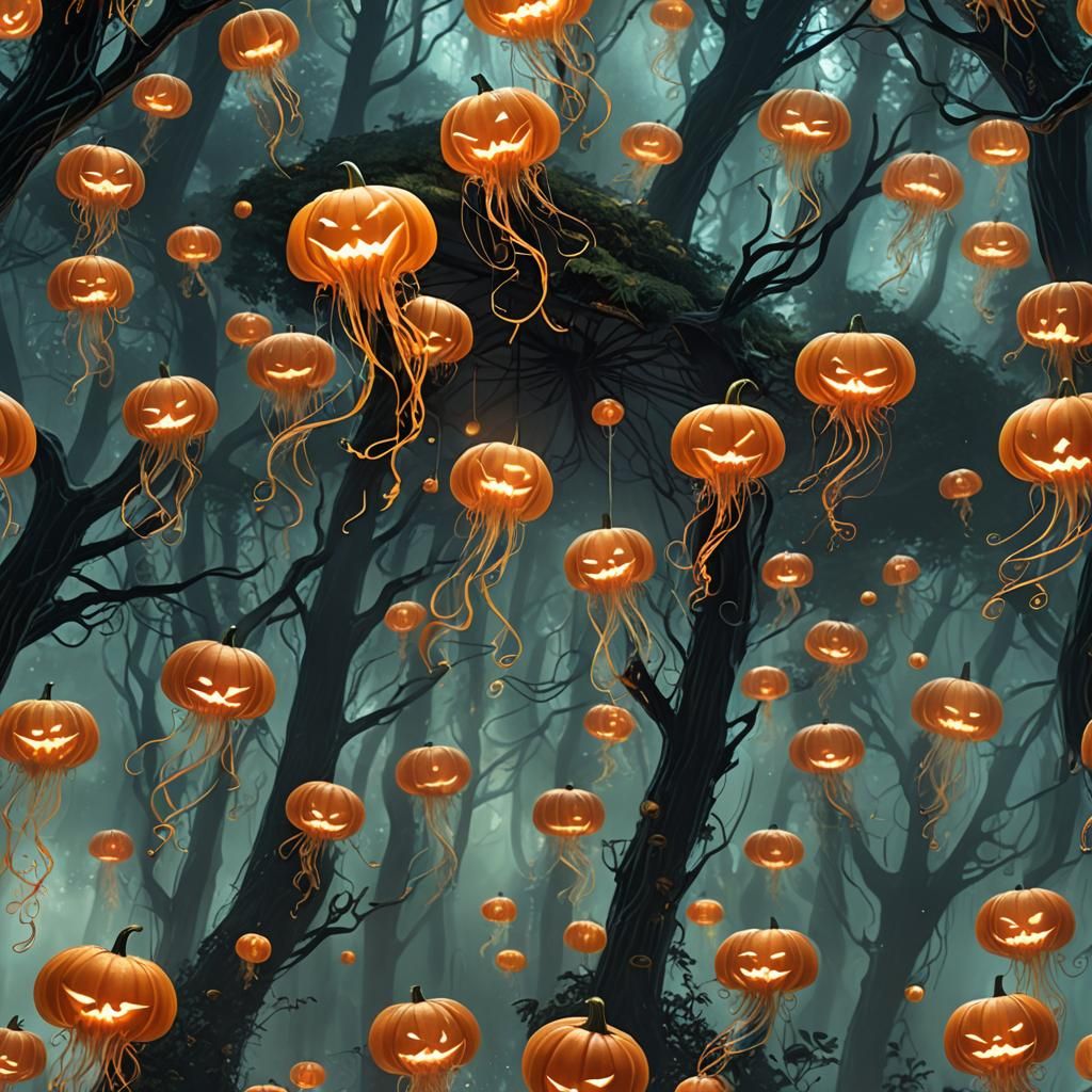 Jack-o-Lantern Jellyfish in Mystical Forest