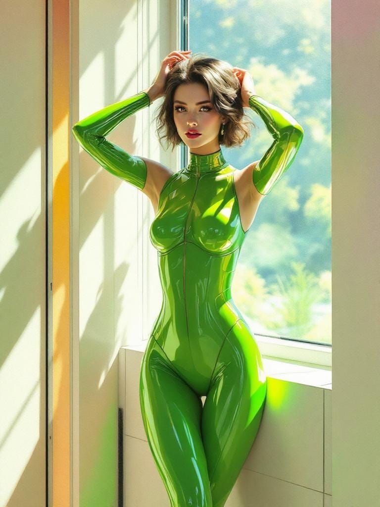 Woman in Green Catsuit with Impasto Brushstrokes