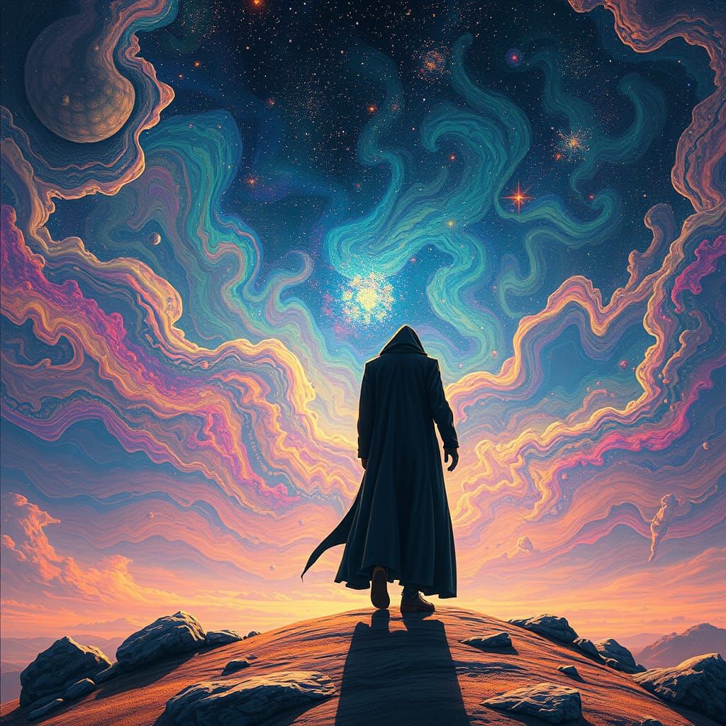 Cosmic Figure Steps into Starry Expanse