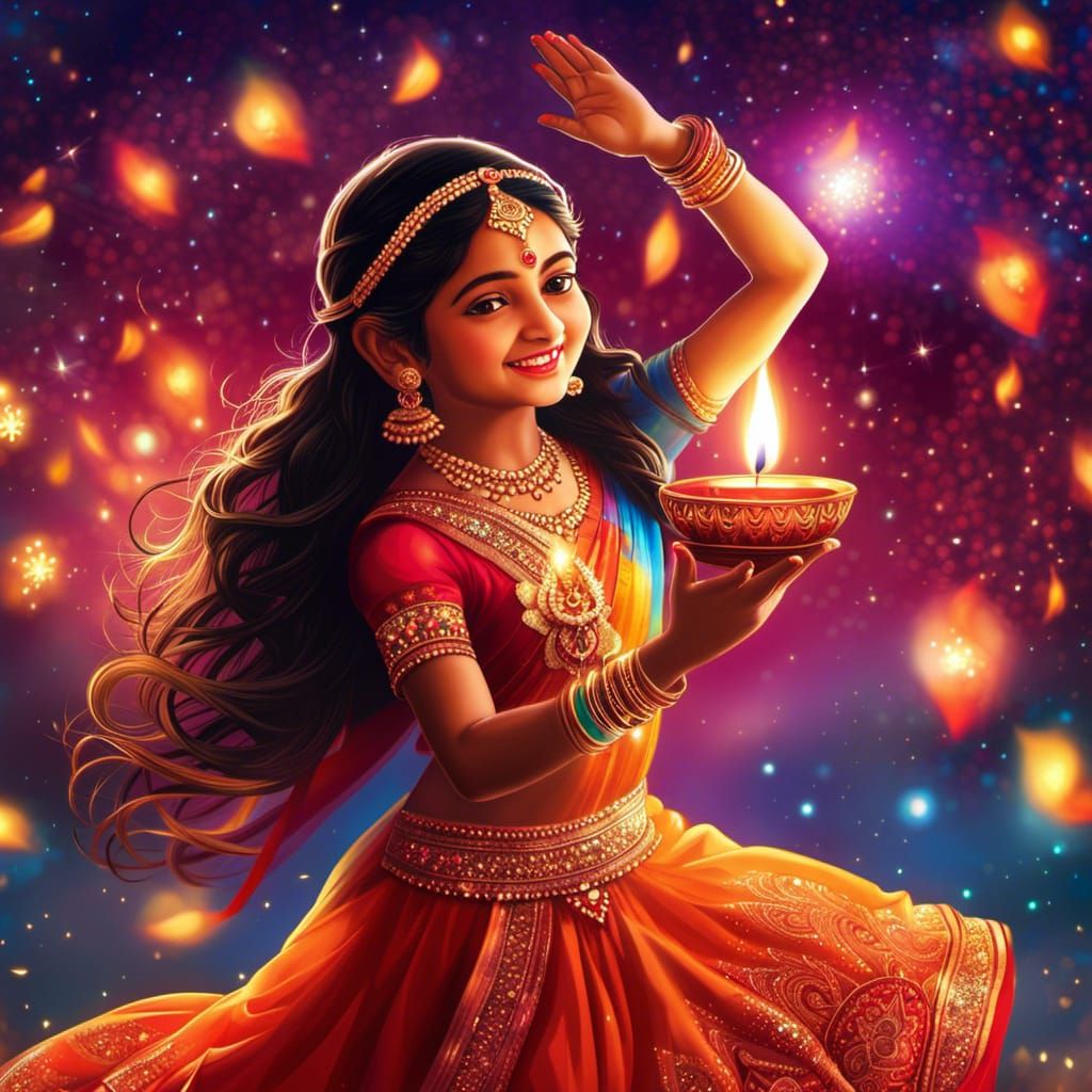 Diwali Celebration: Indian Girl Dancing in Lights