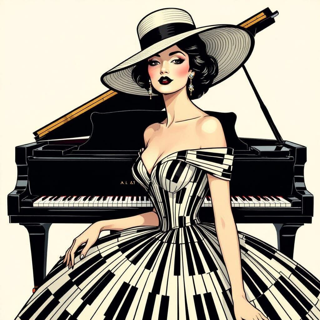 Elegant Woman in Piano Dress, in Art Nouveau Style