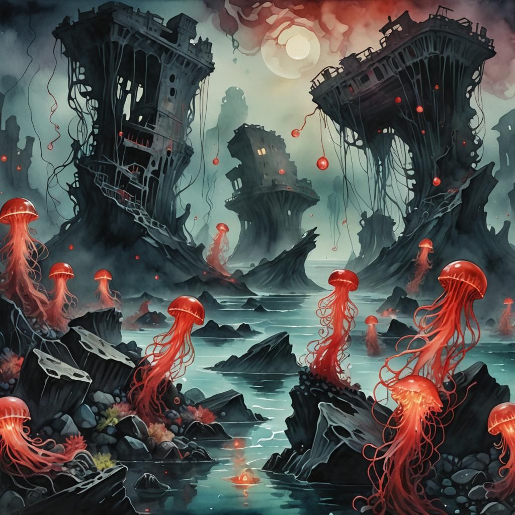 Eerie Bioluminescent Figures in Dark Surrealism Style