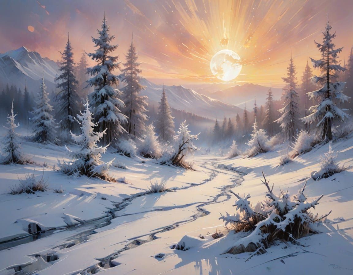 Moonlit Winter Snowfield in Watercolour Style