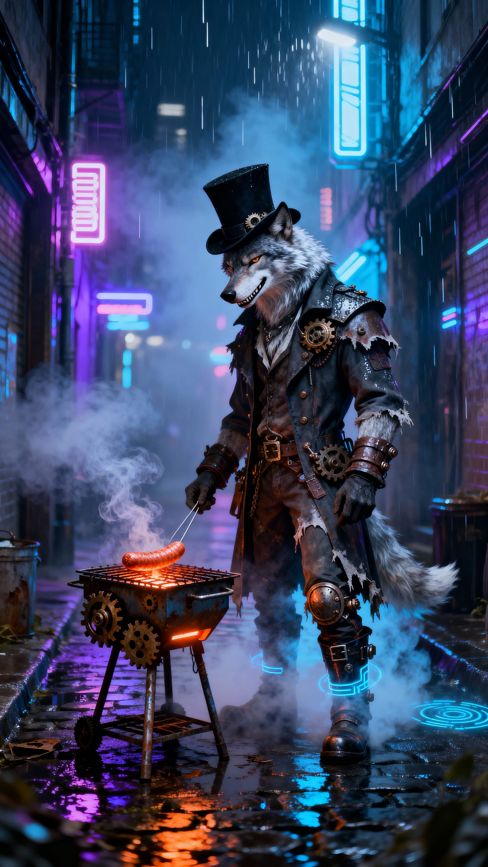Steampunk Wolf Grills Sausage in Cyberpunk Alley