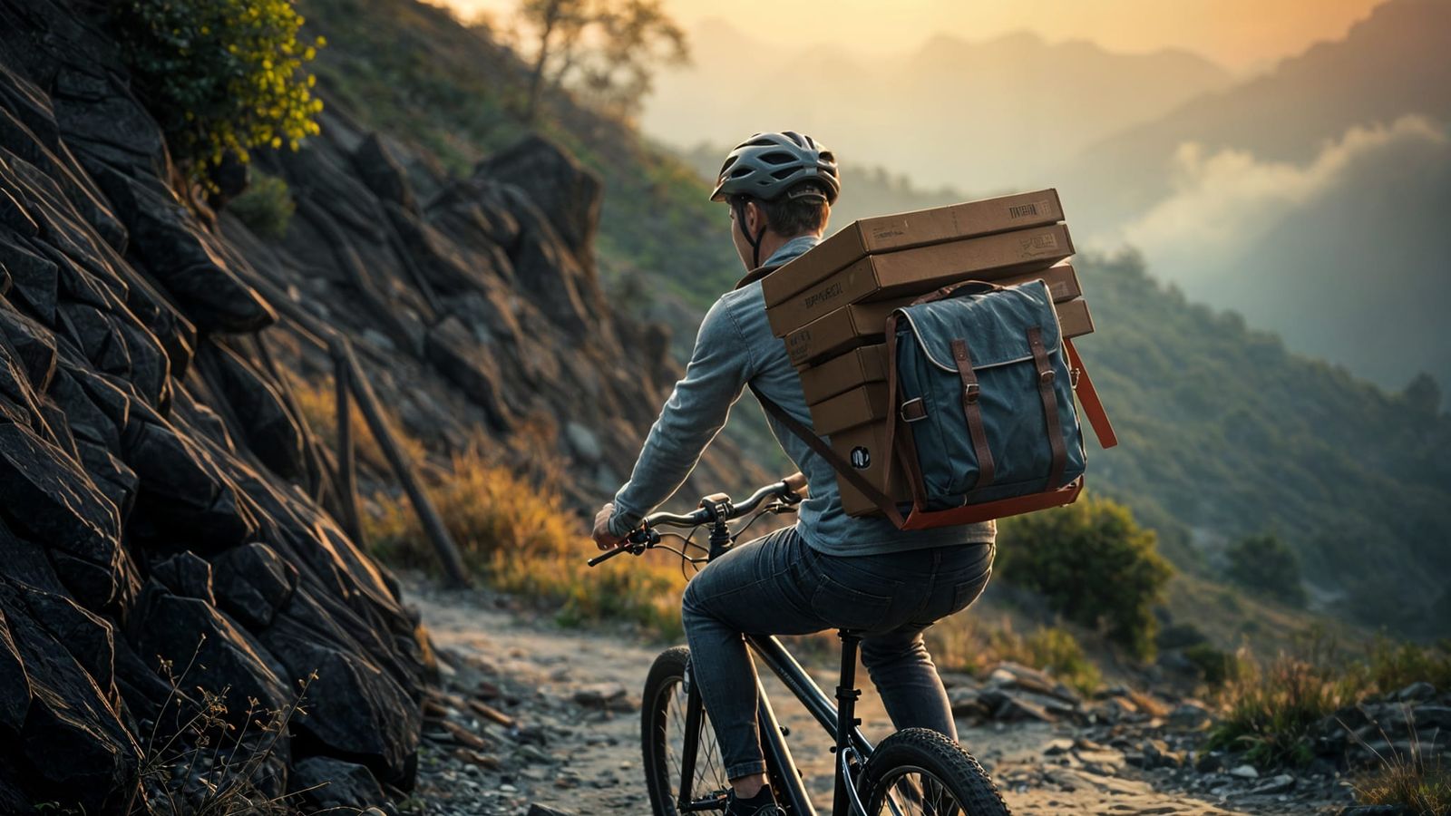 Pizza Delivery Man on Bike Downhill
