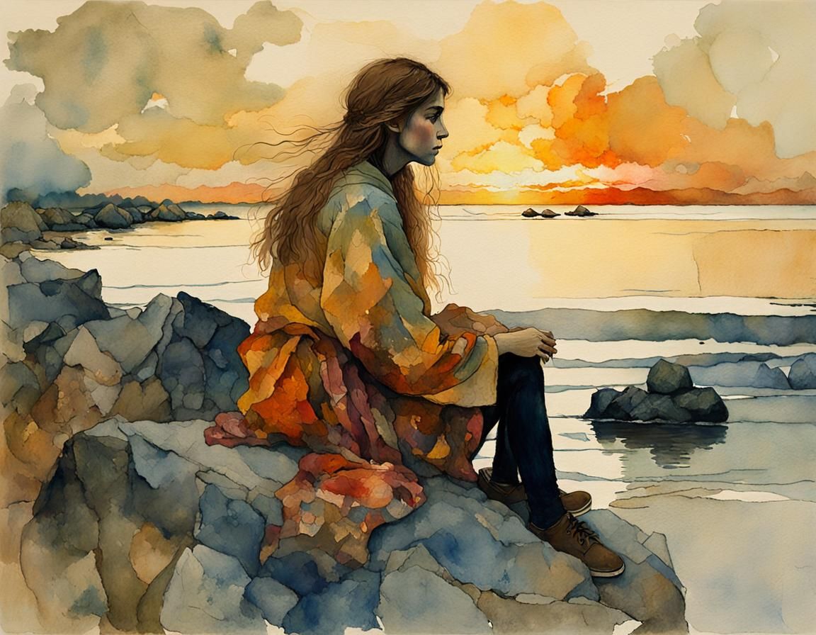 Woman on Beach at Sunrise in Gouache Style