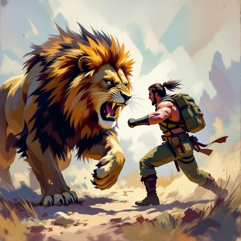 Brave Human Confronts Fierce Beast in Dynamic Art Style