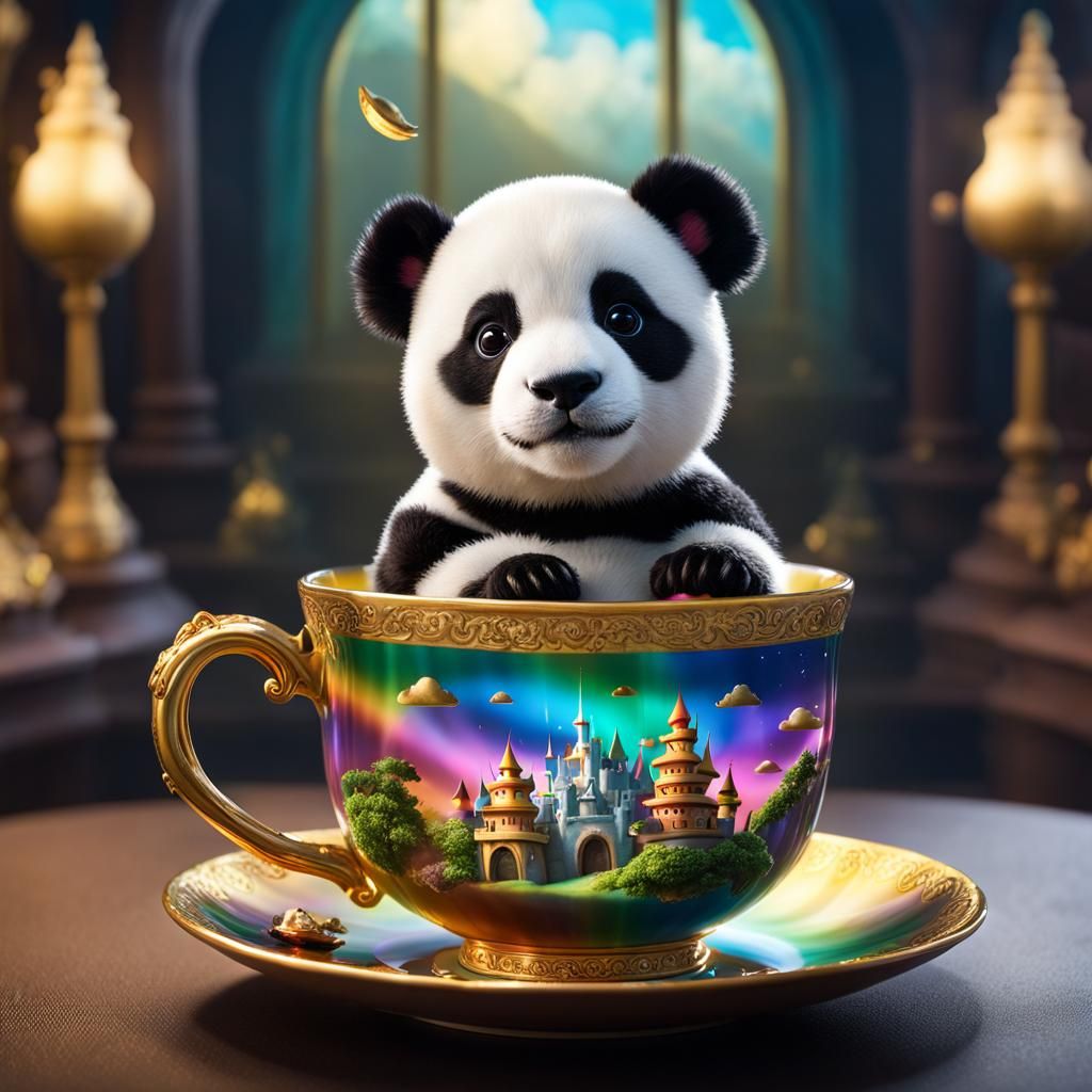 Mini Panda in Rainbow Teacup in Magical Castle