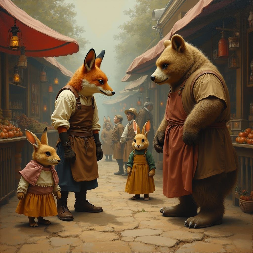 Anthropomorphic Animals in Bustling Market, Tonalist Style