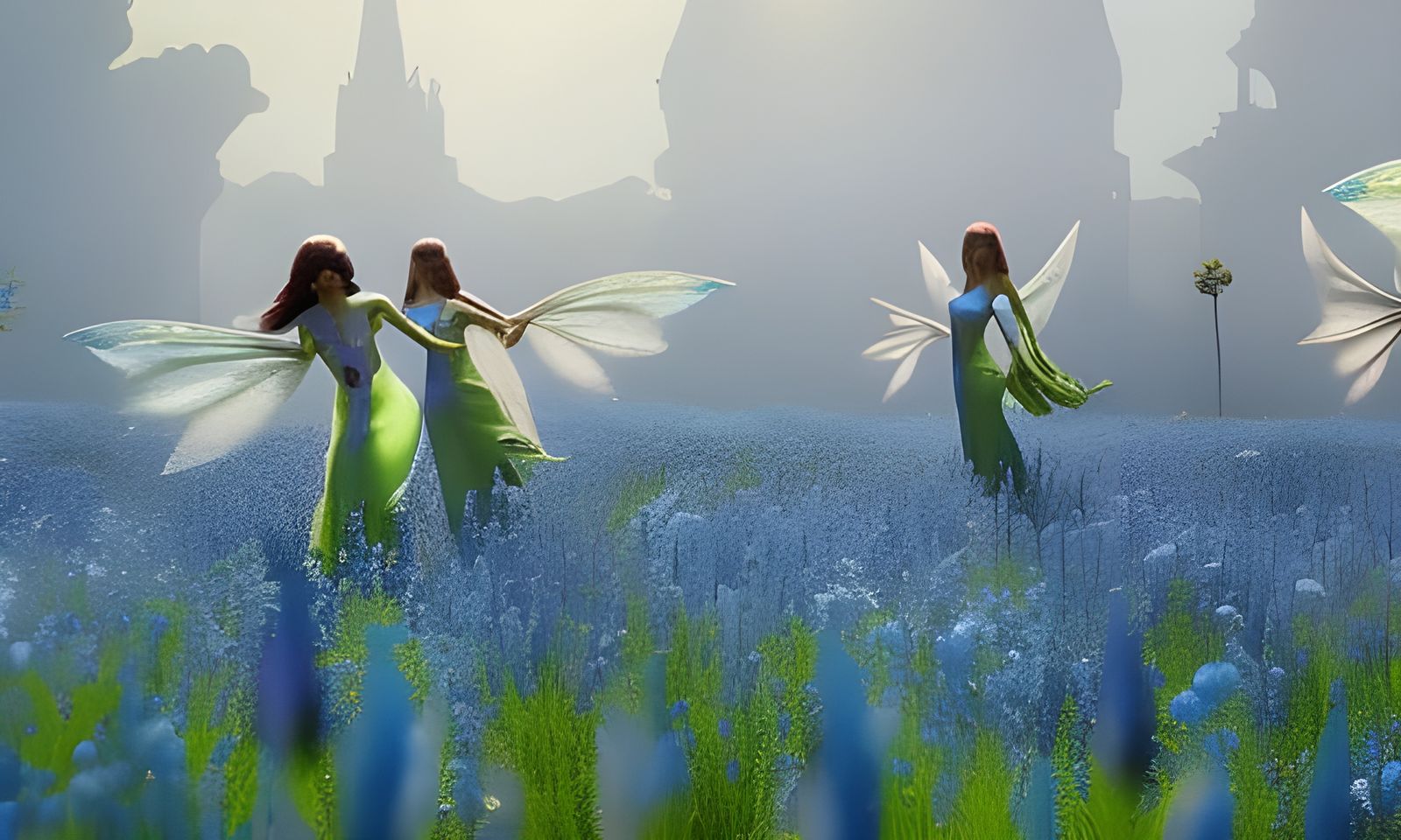 Fairies Dancing Amongst Blue Flowers, Ethereal Matte Paintin...