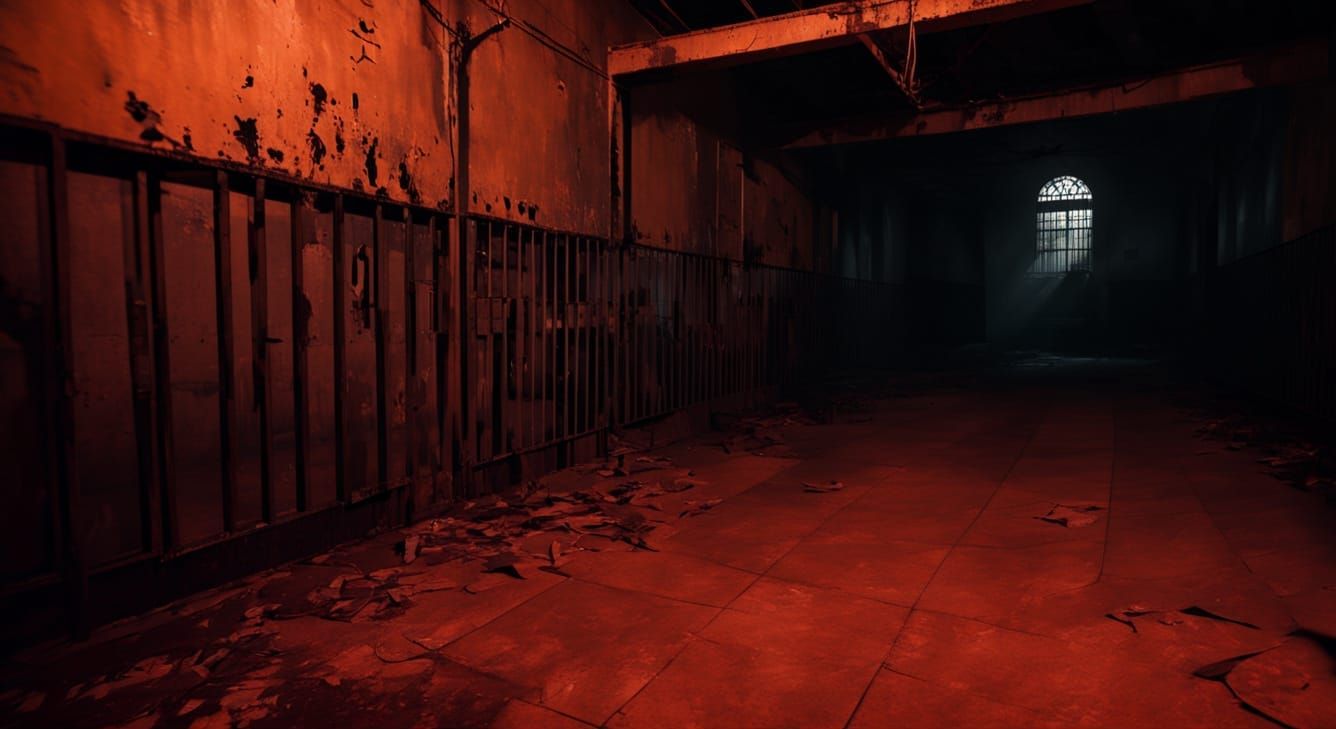 Eerie Haunted Prison Interior with Deep Shadows