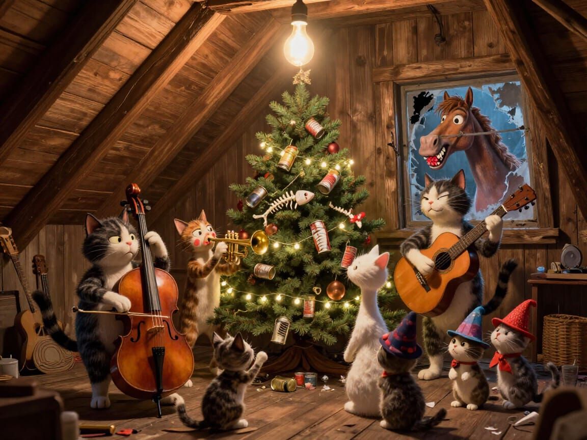 Whimsical Cat Musicians Celebrate in a Cozy Attic