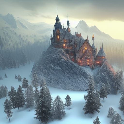 Winter Castle in Mountain Range Concept Art