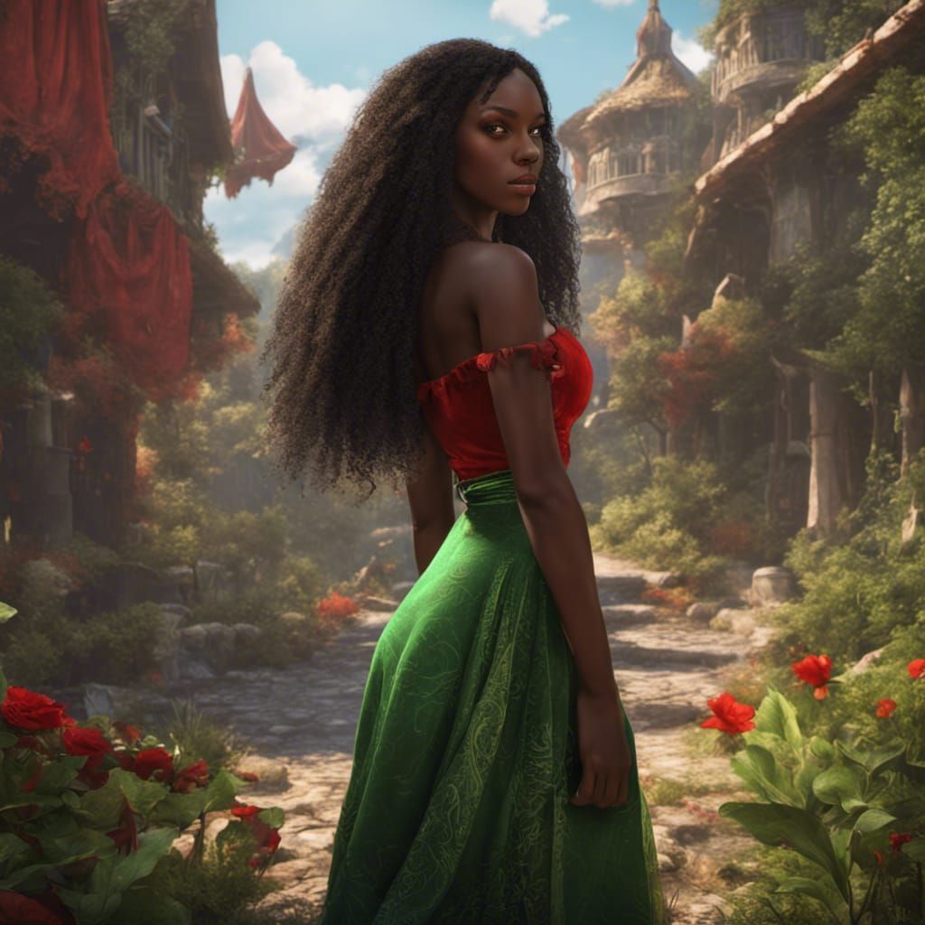 Fantasy Art of Girl in Red and Green Skirt