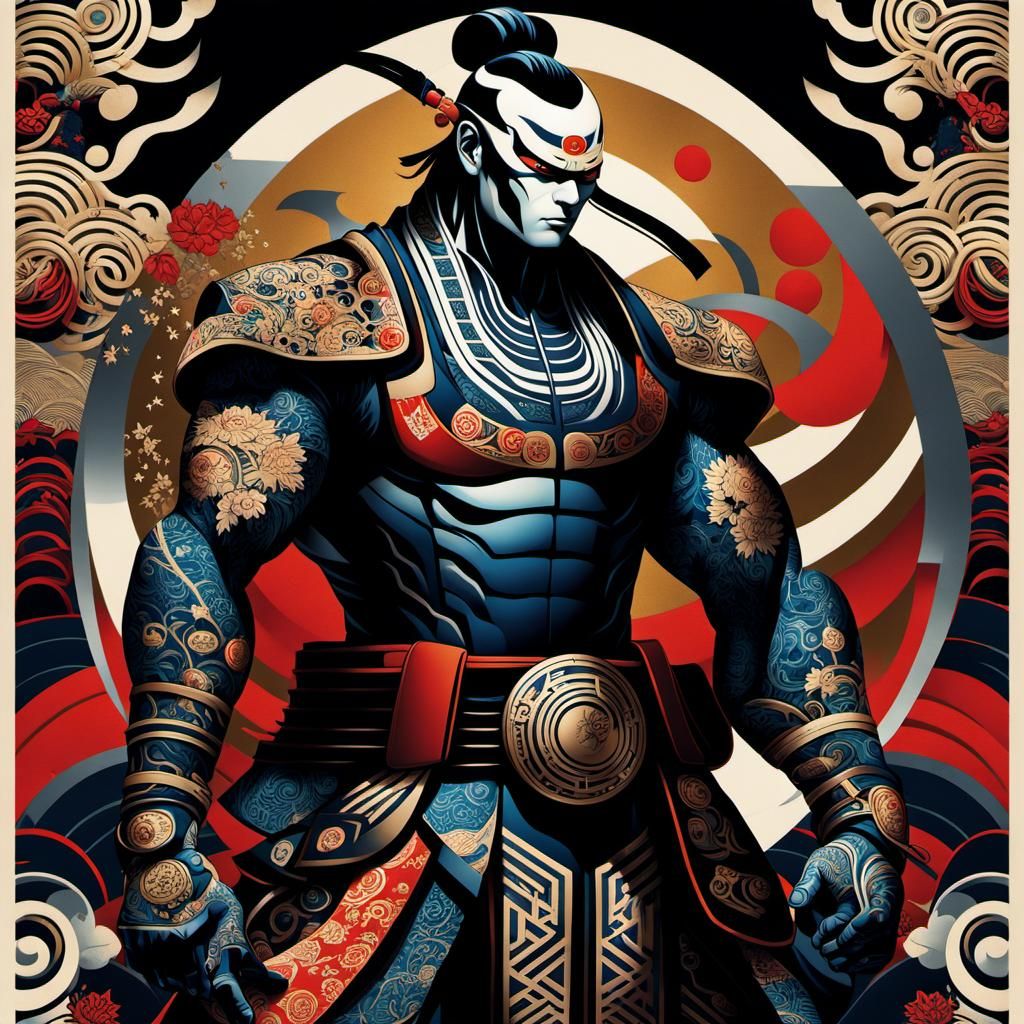 Biopunk Samurai with Ukiyo-e Elements in Photographic Style