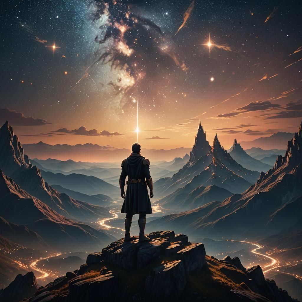 Heroic Figure Gazing at Fantasy Landscape in Art Deco Style