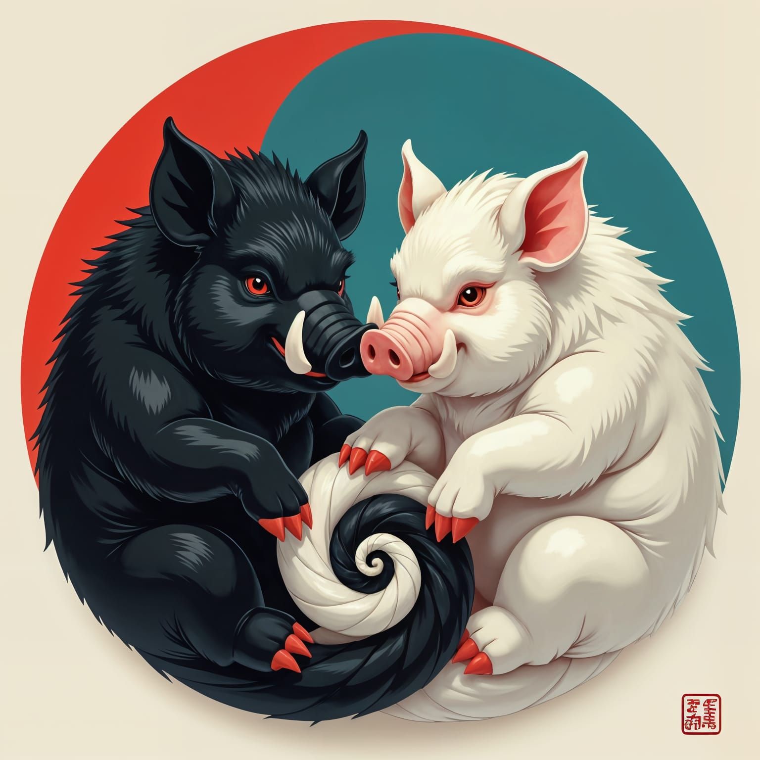 Yin Yang Boar and Pig Figures
