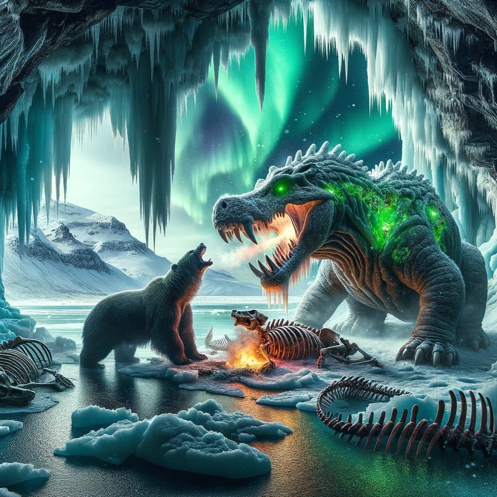 Turbulent Ice Cave Confrontation in a Prehistoric World