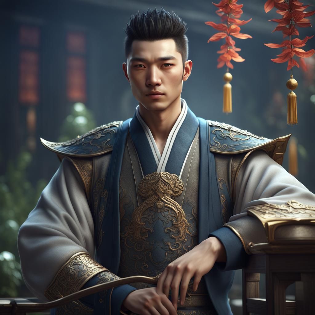 Handsome Chinese Man in Fantasy Outfit: 3D Render